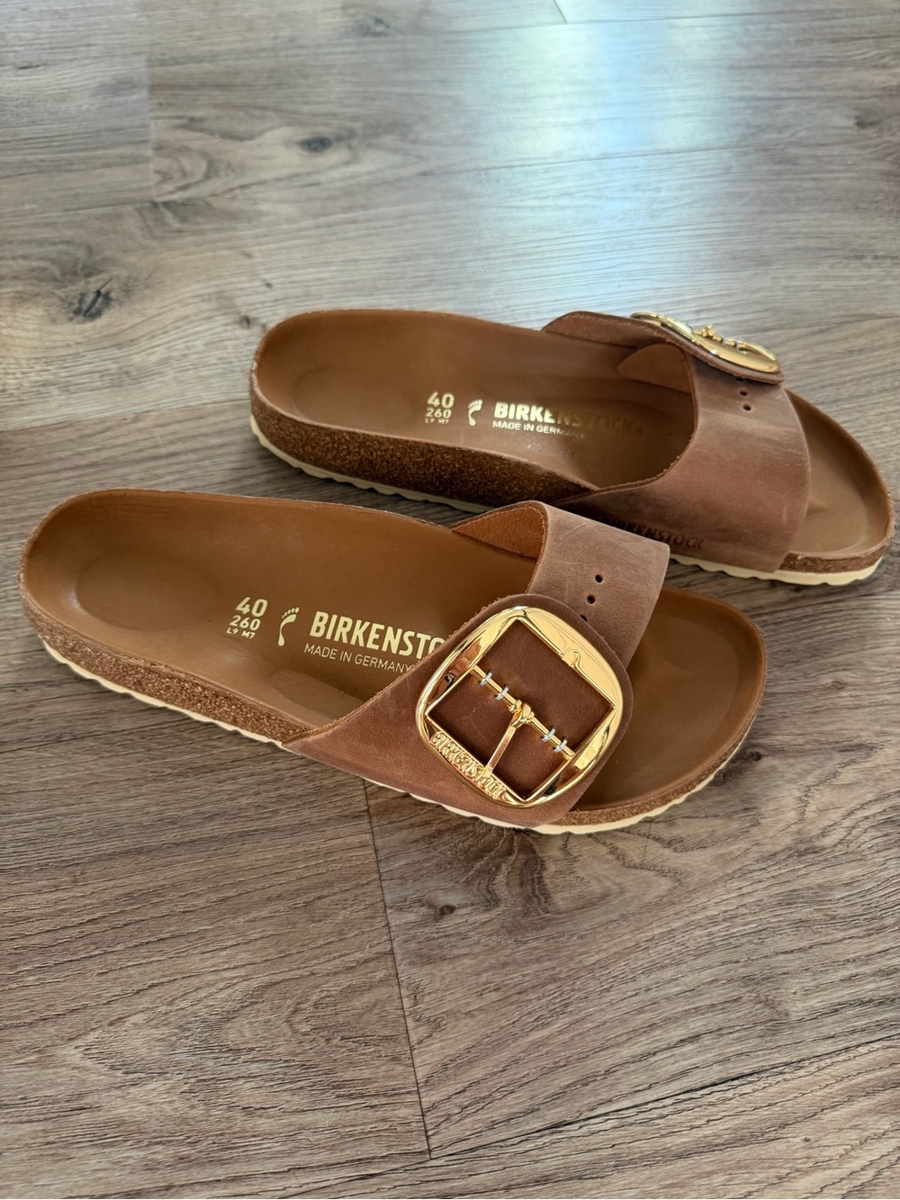 NEW Birkenstock Women’s Madrid Slide Sandals in Chestnut with Big Gold Buckle